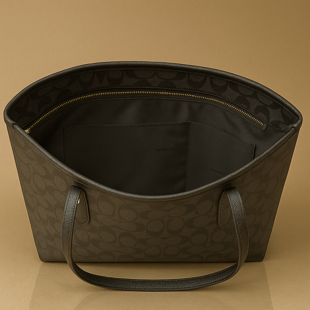 Black handbag with a patterned design on a beige background