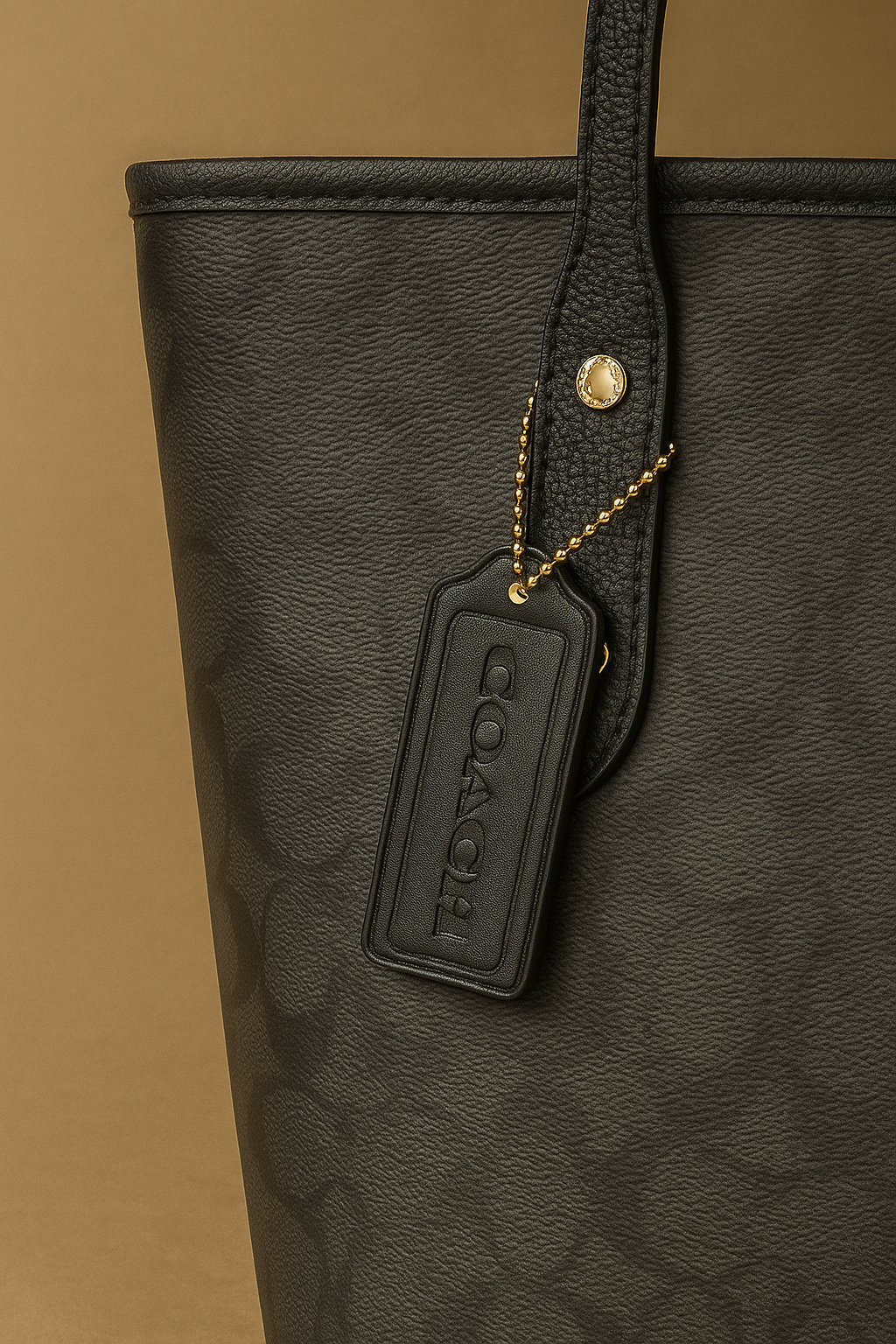 Black leather bag with a gold tag on a beige background