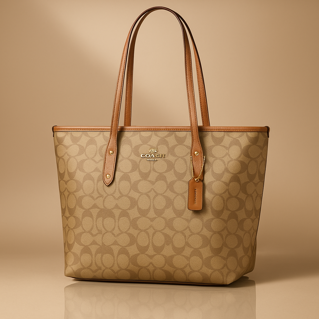 Beige Coach handbag with brown handles on a beige background