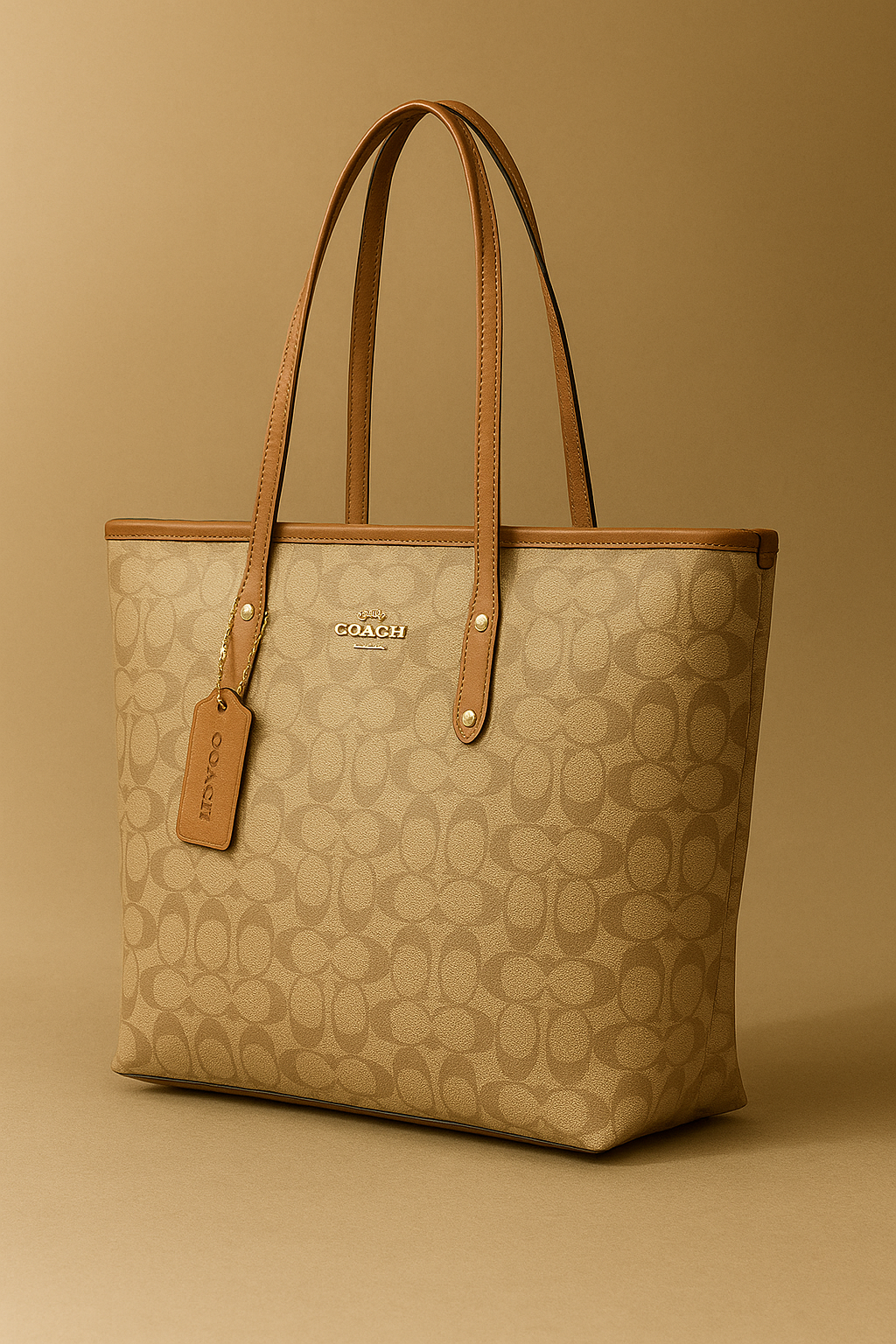 Beige Coach tote bag with brown handles on a beige background