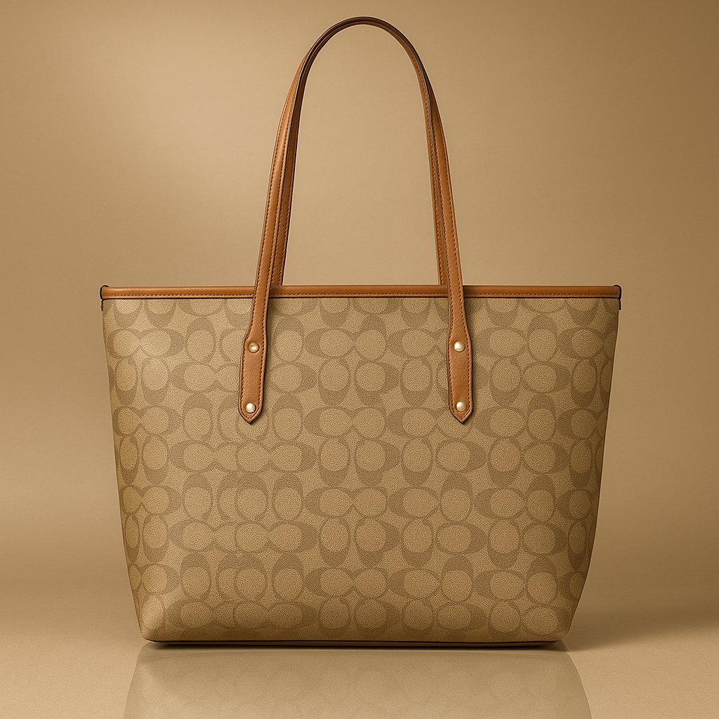 Beige handbag with brown handles on a beige background