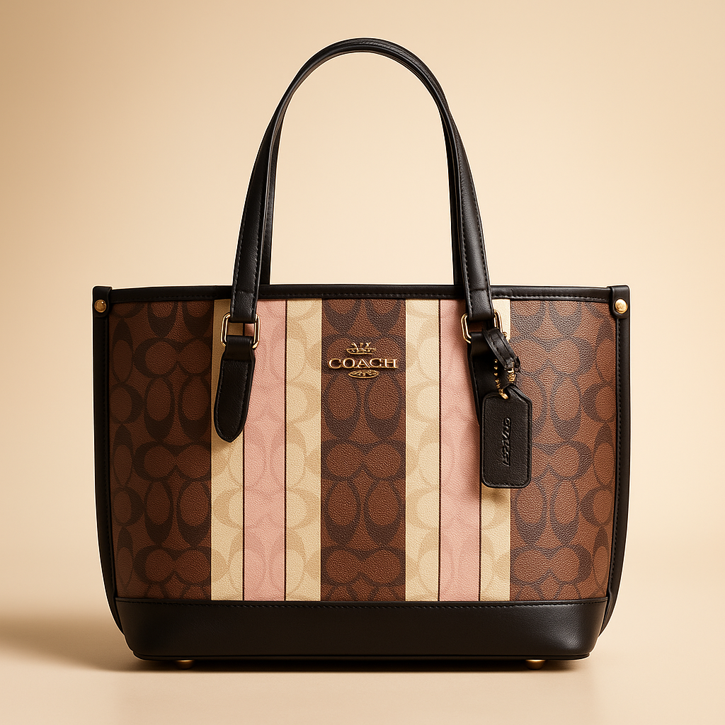 Coach handbag with striped pattern on a beige background