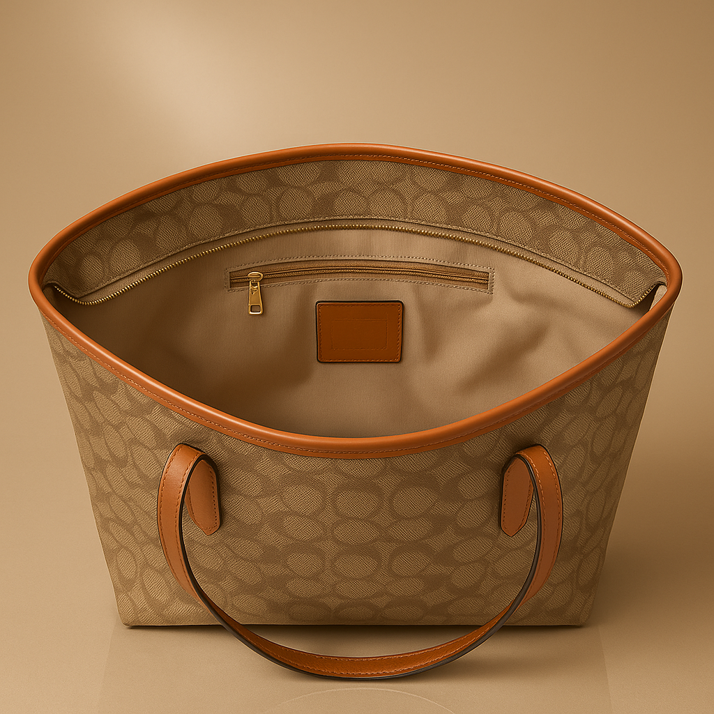 Beige handbag with brown handles and trim on a beige background