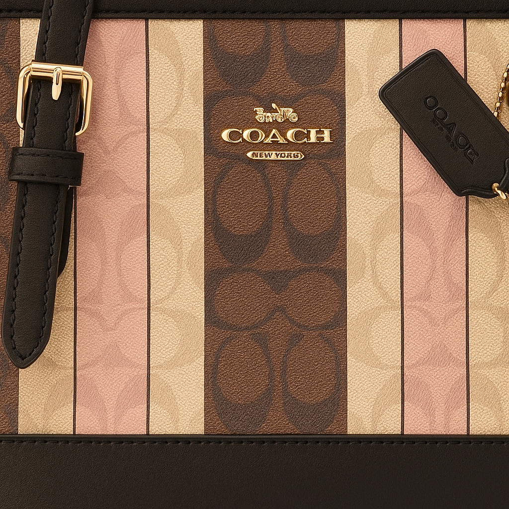 Coach handbag with striped pattern and gold logo