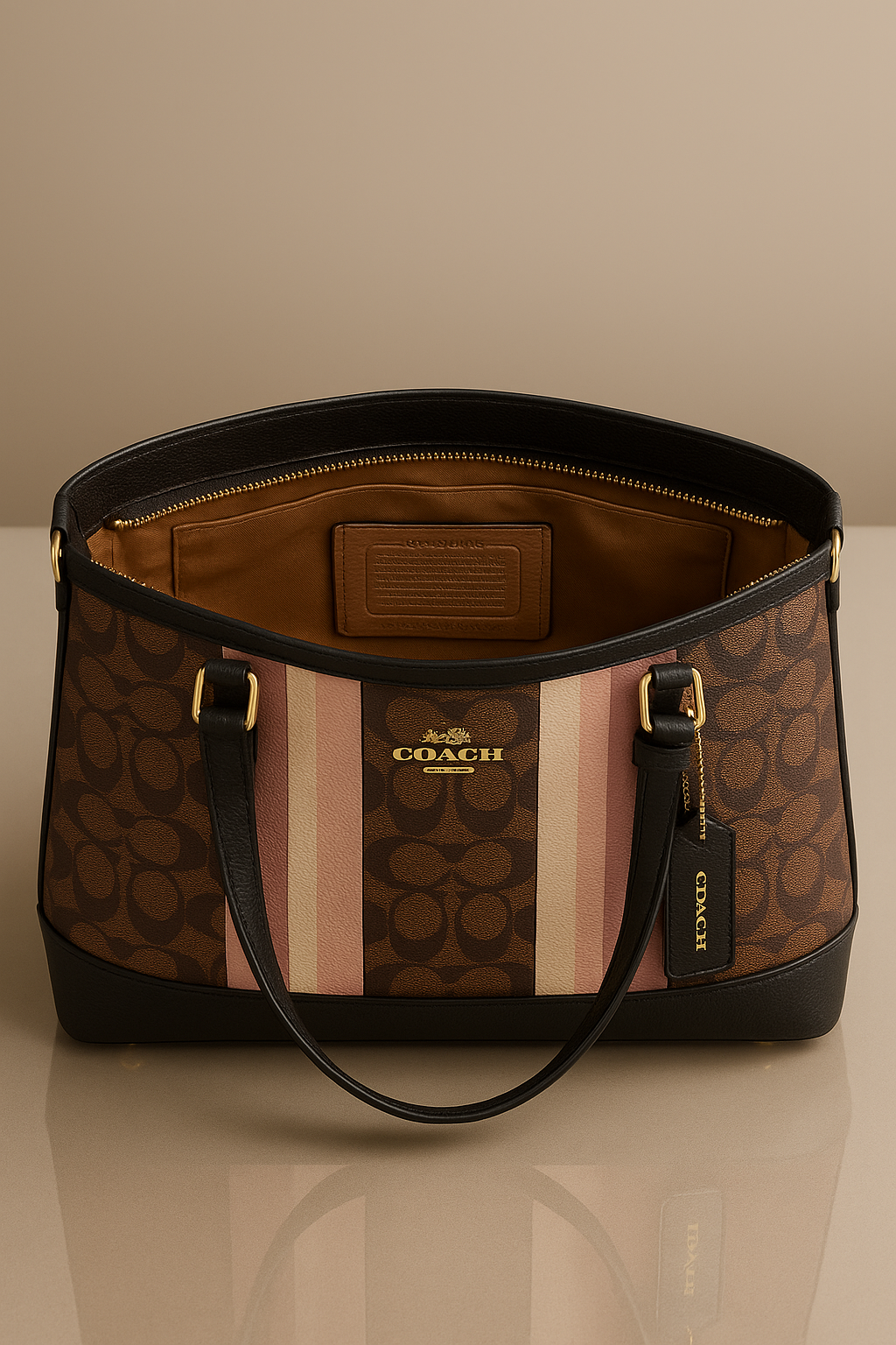 Coach handbag with patterned design on a reflective surface