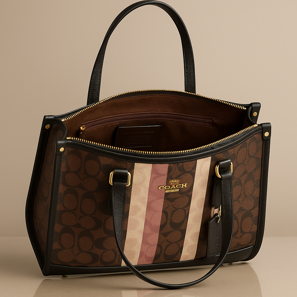 Coach handbag with patterned design on a beige background