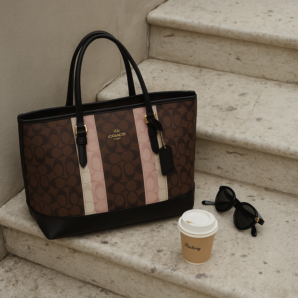 Coach handbag with pink stripe, sunglasses, and coffee cup on stone steps