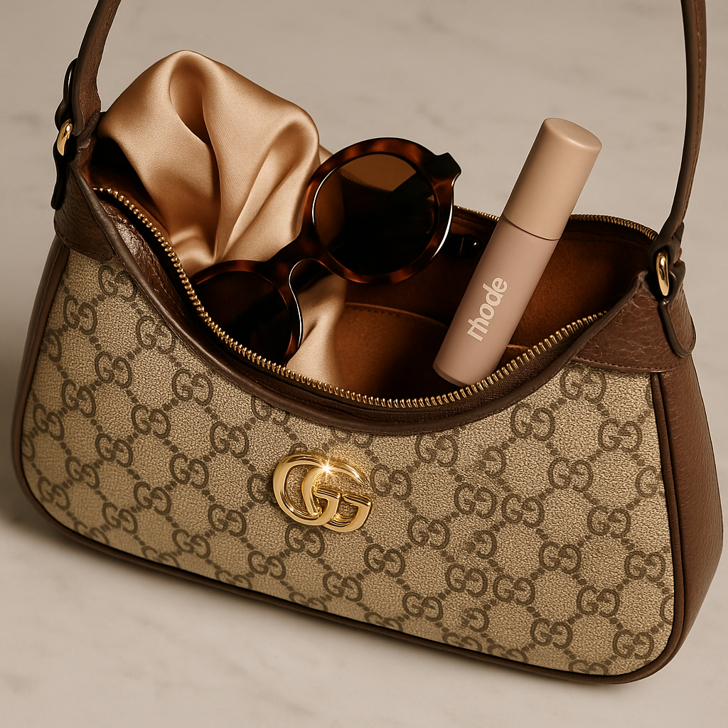 Designer handbag with sunglasses, a satin scarf, and a tube of lipstick on a beige background- valentino impex