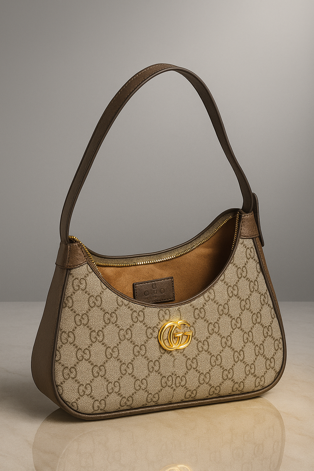 Beige handbag with brown accents and Gucci logo on a gray background- valentino impex