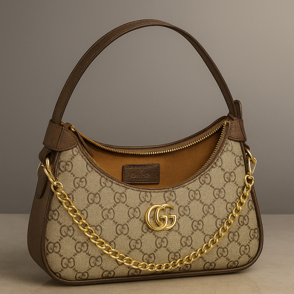 Designer handbag with gold chain and logo on a neutral background- valentino impex