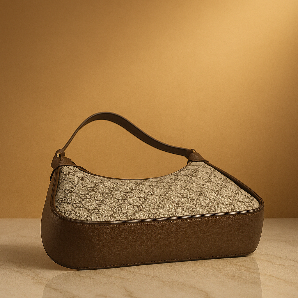 Brown handbag with patterned top section on a beige background- valentino impex
