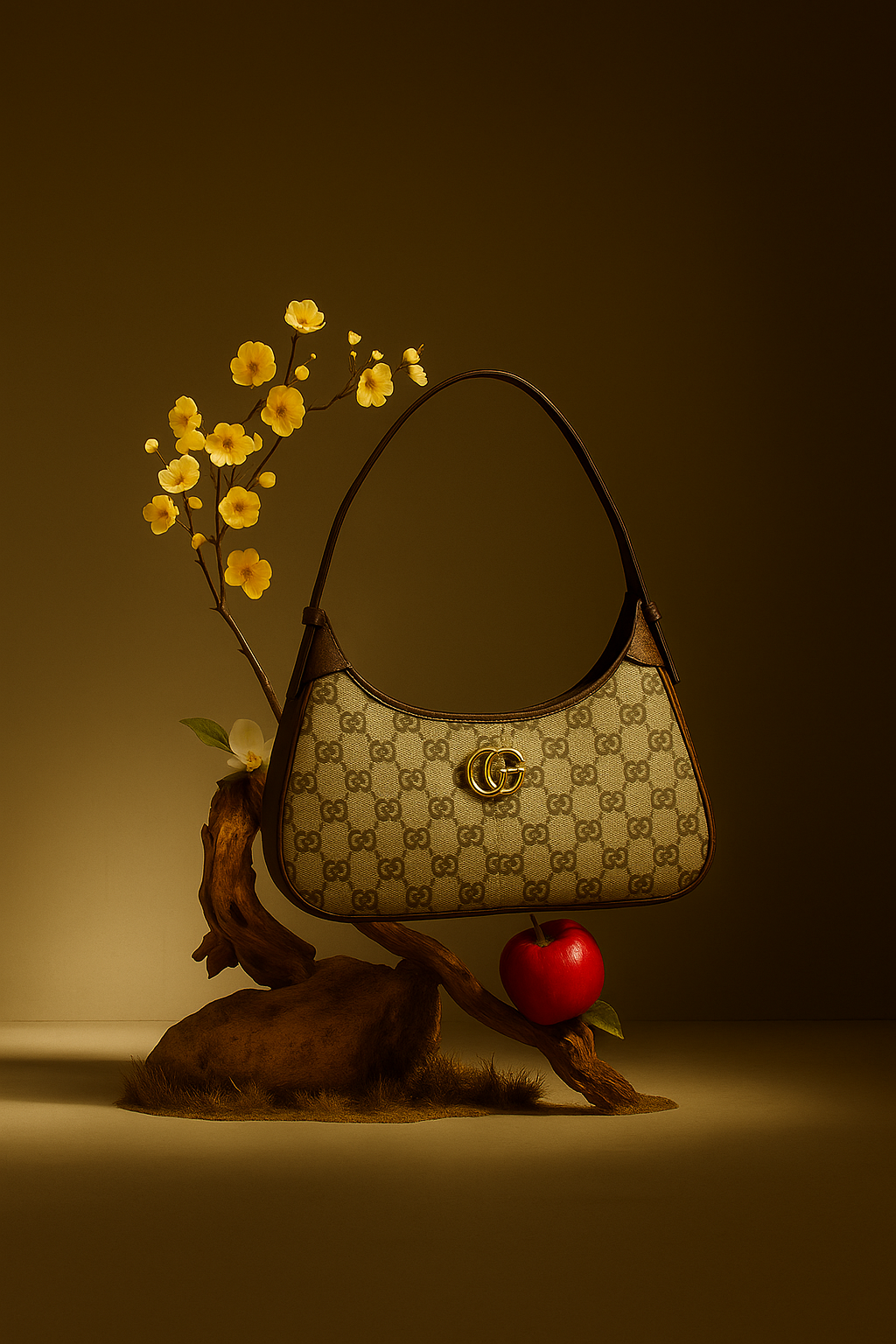 Designer handbag with a red apple and yellow flowers on a brown background- valentino impex