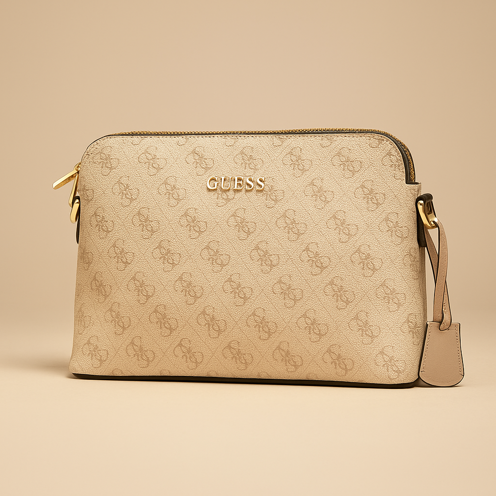 Beige handbag with floral pattern and Guess logo on a beige background- Valentino Impex