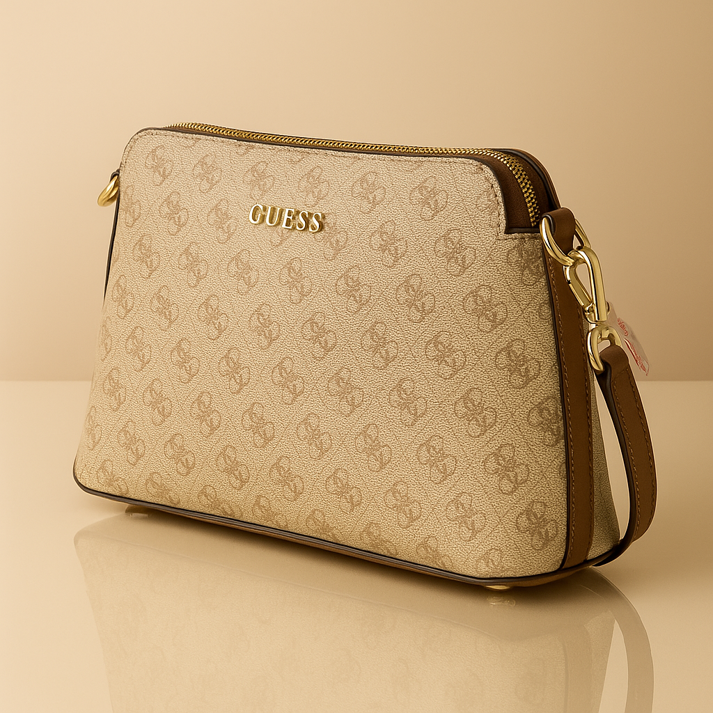 Beige handbag with brown accents and 'Guess' logo on a beige background- Valentino Impex