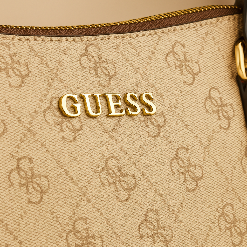 Beige handbag with Guess logo on a beige background- Valentino Impex