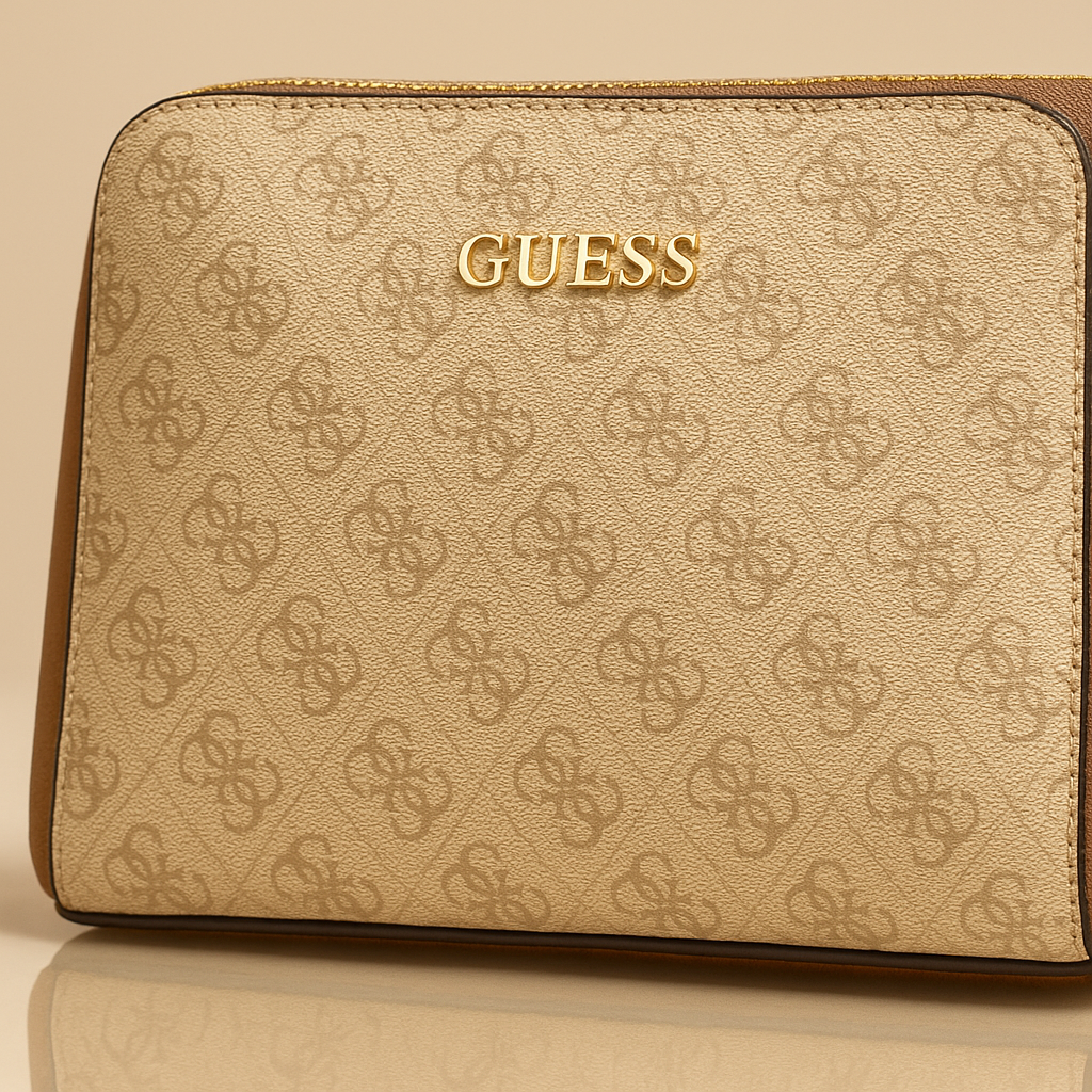 Beige wallet with Guess logo on a beige background- Valentino Impex
