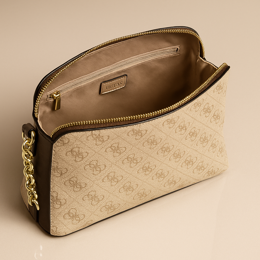 Beige handbag with gold chain on a beige background- Valentino Impex