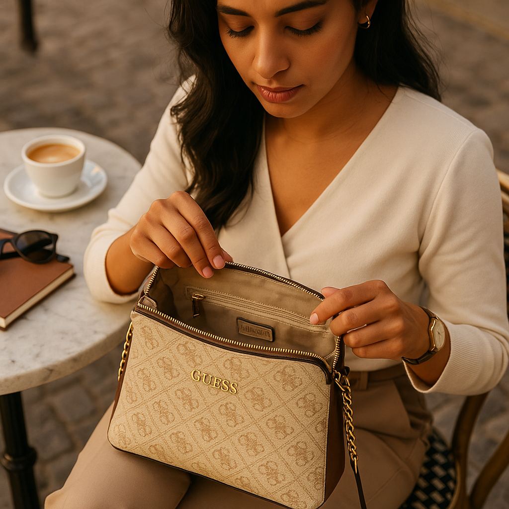 Woman holding a beige Guess handbag at an outdoor cafe- Valentino Impex