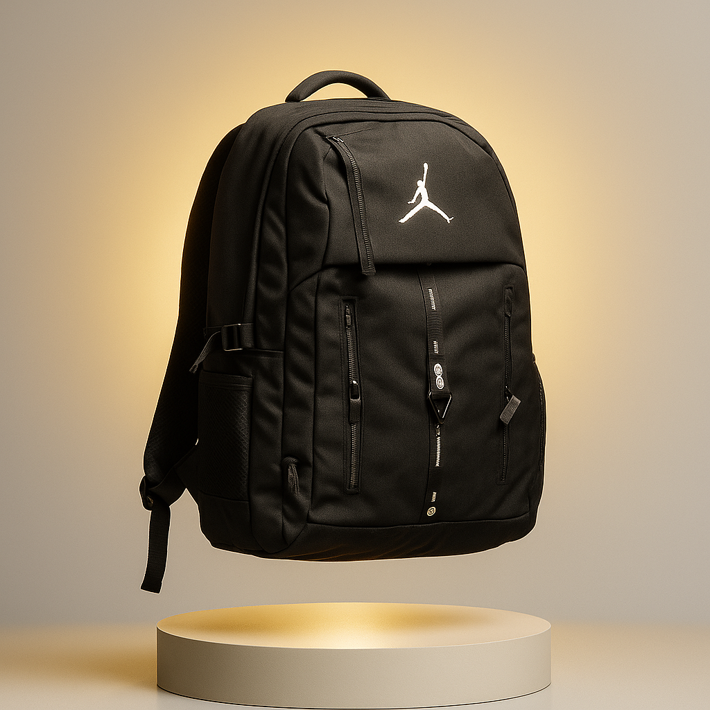 Black backpack with a brand logo on a beige background- valentino impex