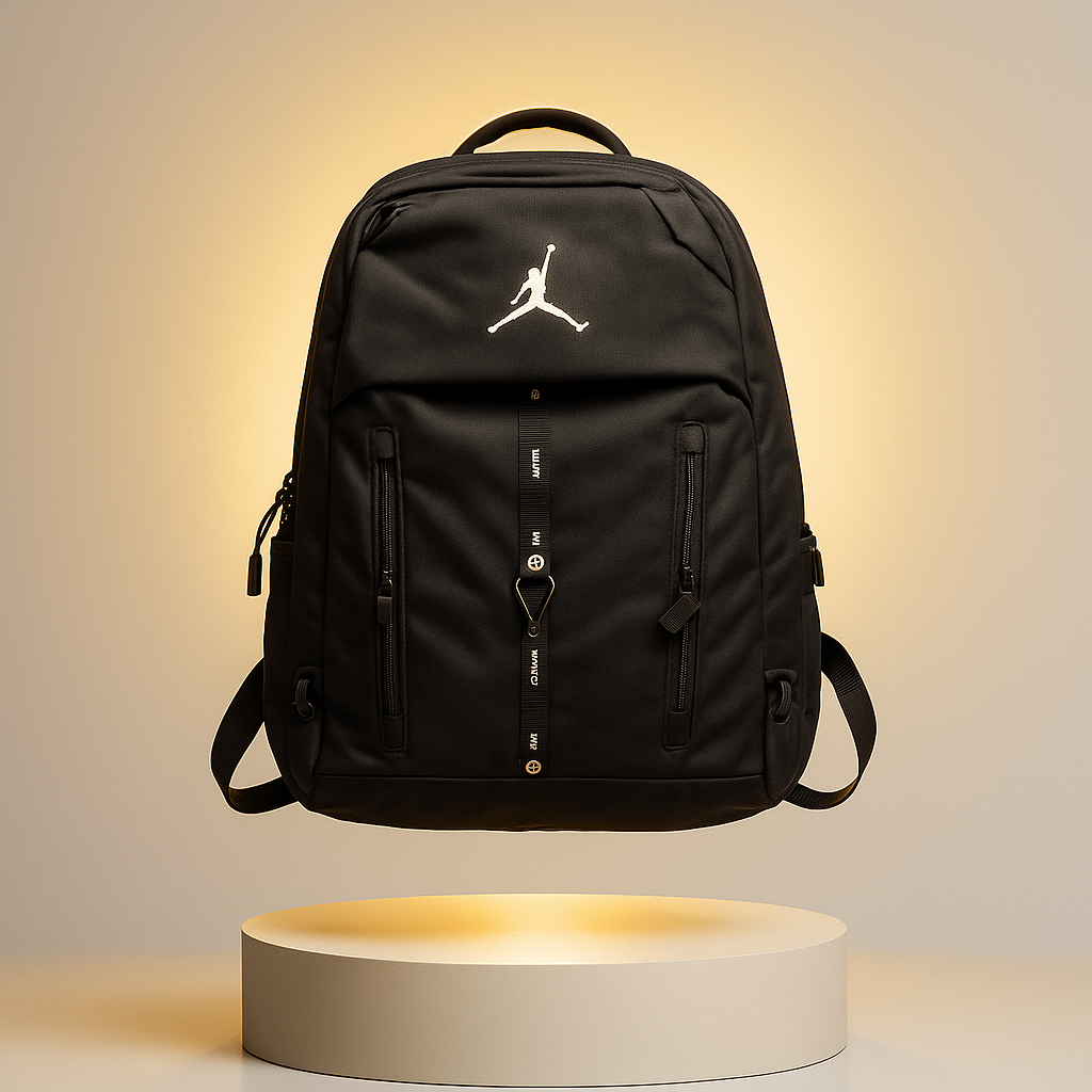 Black backpack with a logo on a beige background- valentino impex