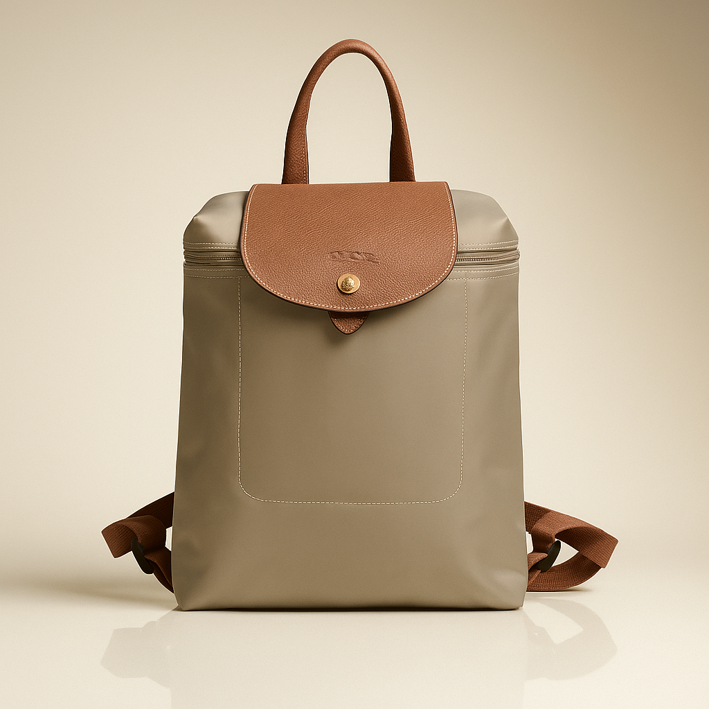 Longchamp inspired Backpack with brown leather flap and straps on a beige background- valentino impex