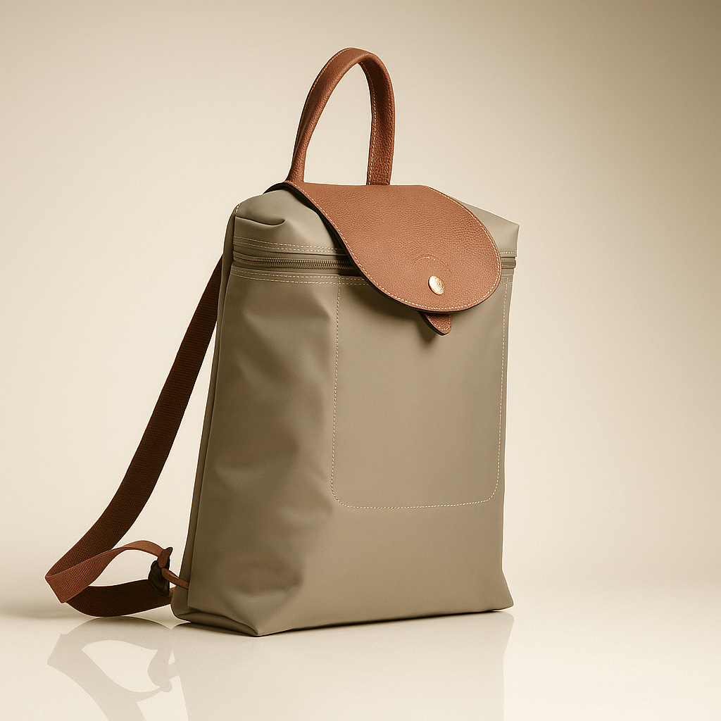 Beige backpack with brown leather accents on a beige background- valentino impex