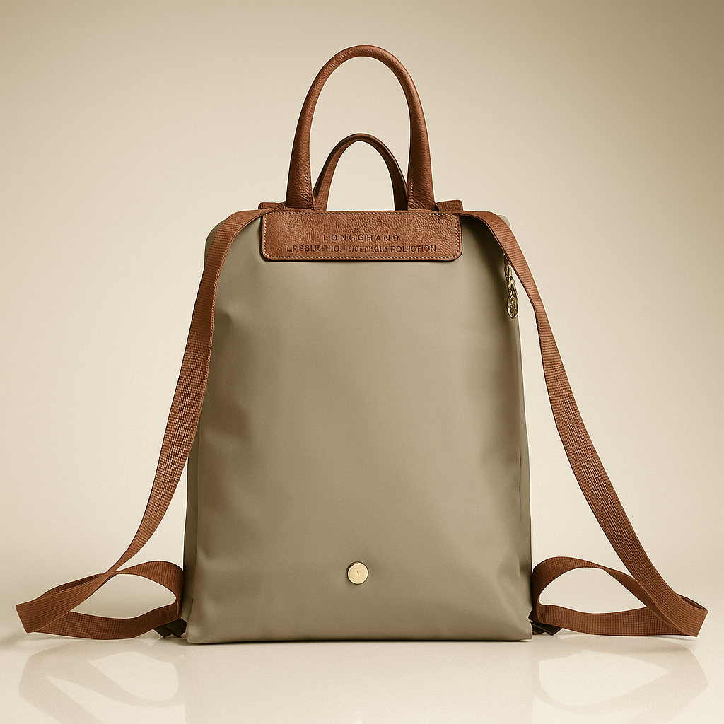 Green backpack with brown straps and handle on a beige background- valentino impex