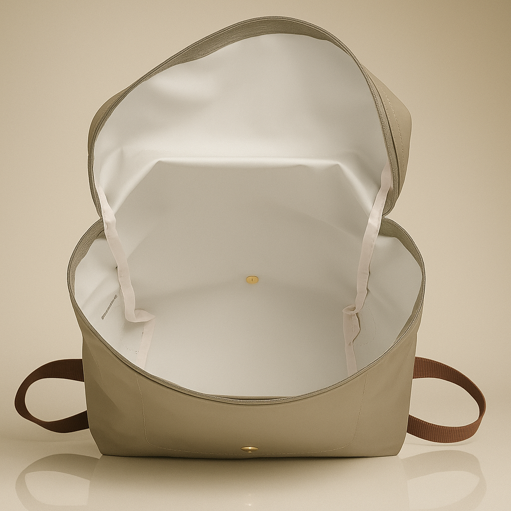Beige backpack with brown straps on a beige background- valentino impex
