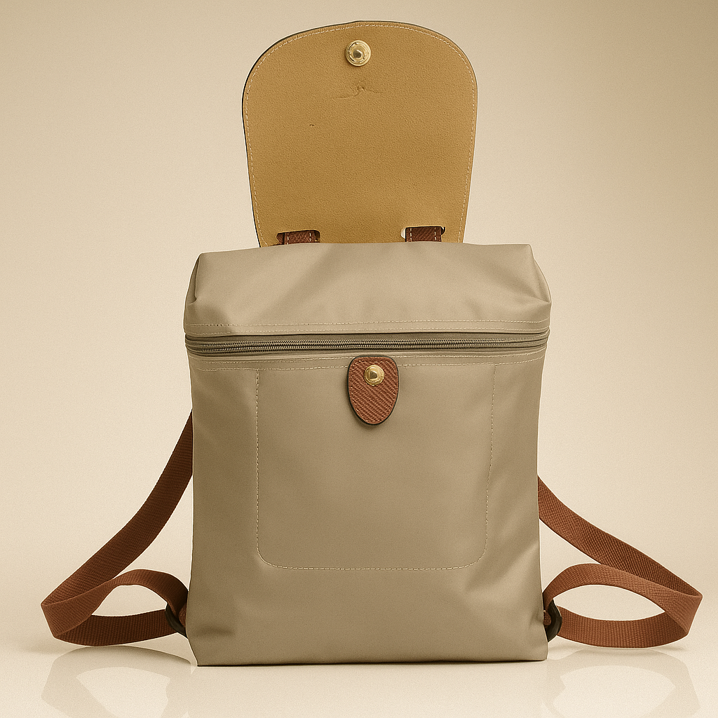 Beige backpack with brown straps on a beige background- valentino impex