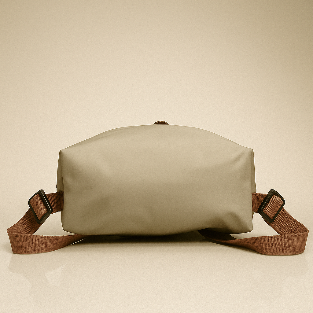 Beige waist bag with brown strap on a beige background- valentino impex