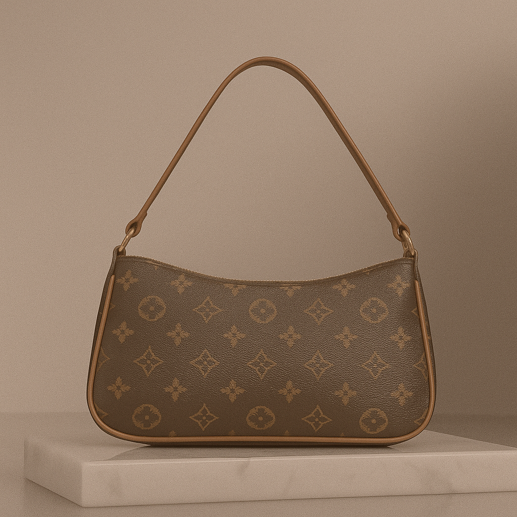Brown handbag with a pattern on a beige background