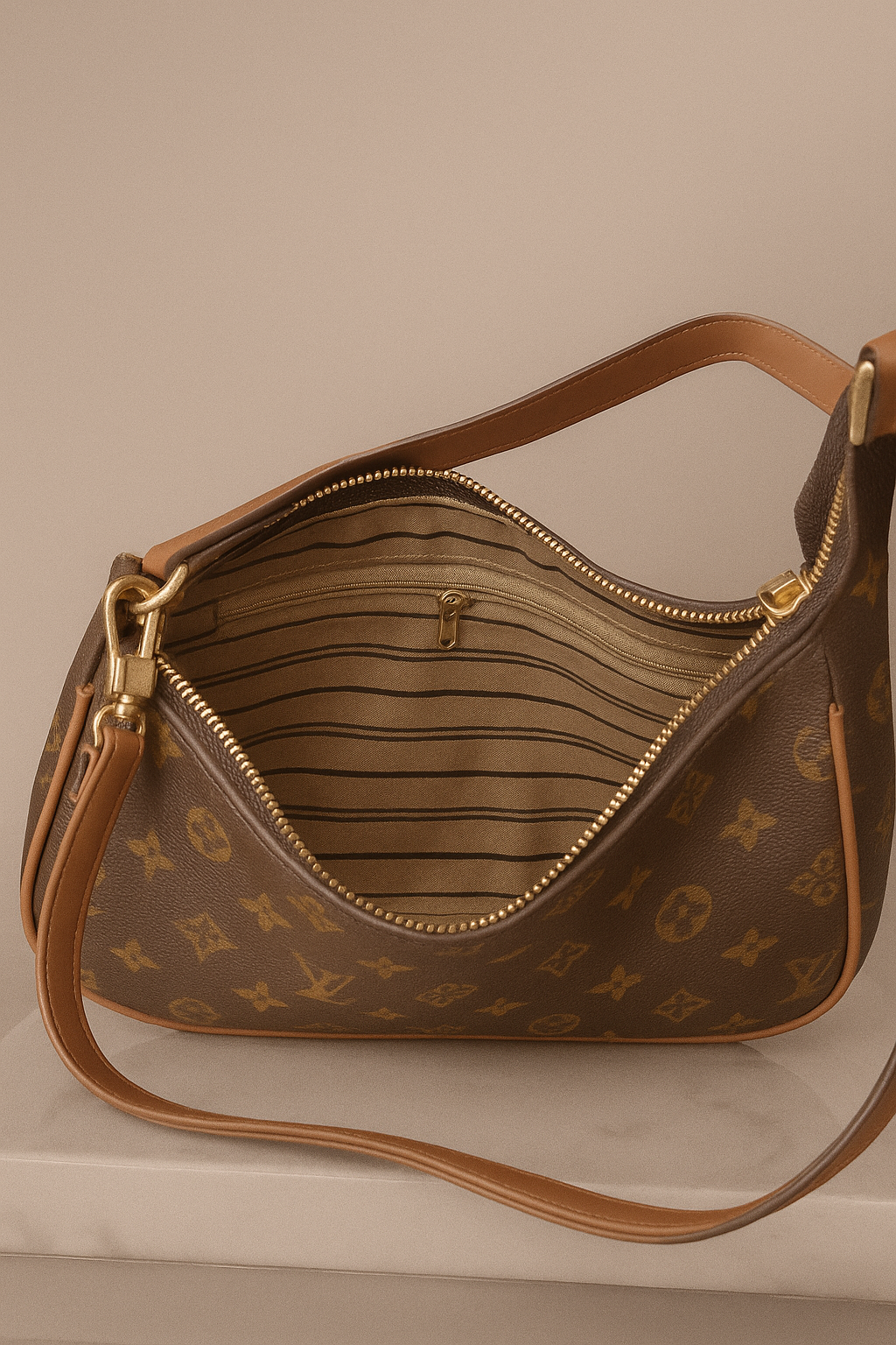 Brown handbag with gold accents on a beige background- valentino impex