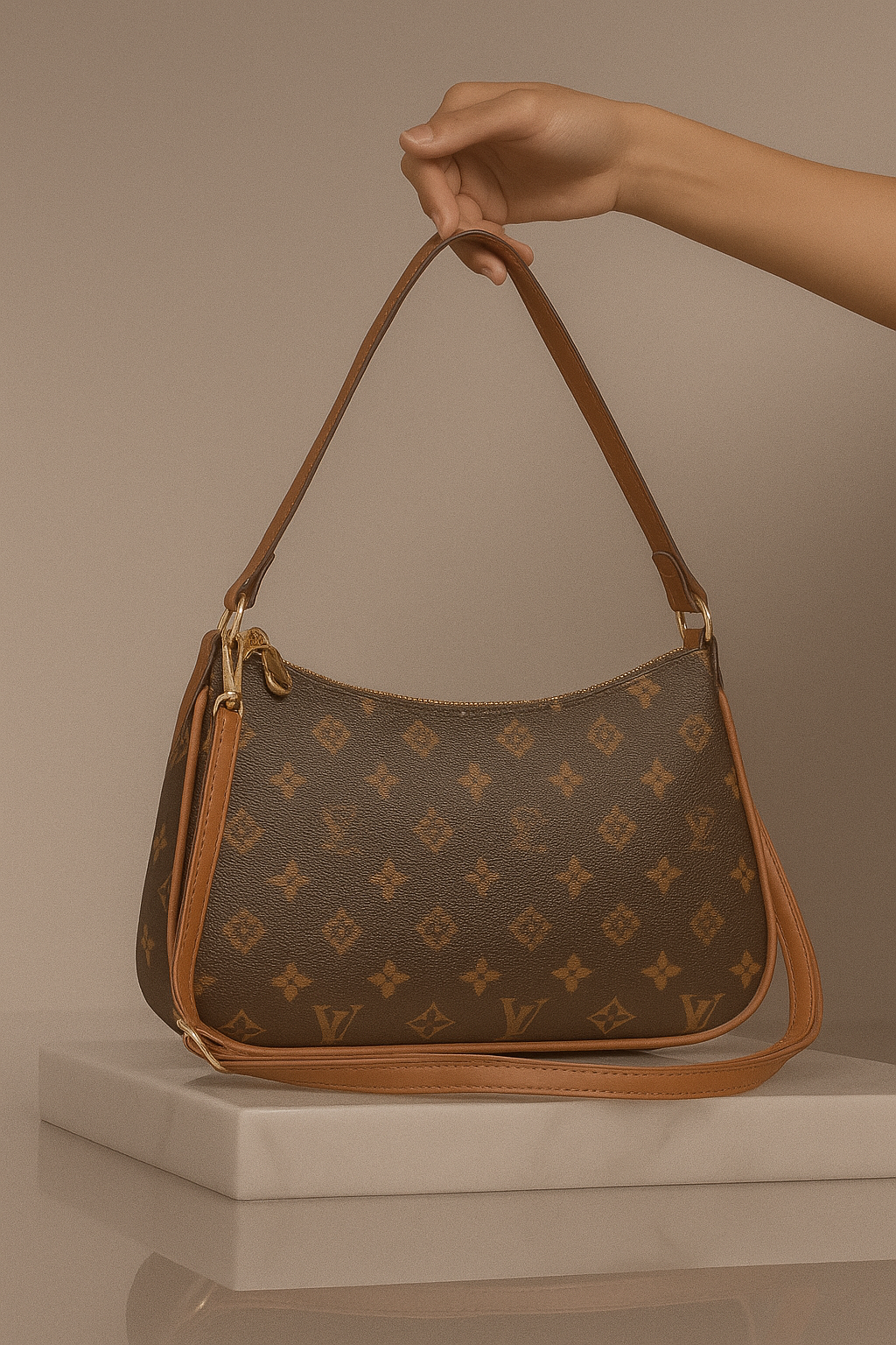 Brown handbag with monogram pattern held by a hand against a beige background- valentino impex